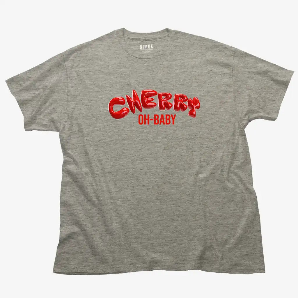 Cherry oh baby unisex classic t-shirt in sport gray color displaying 3d bubble letters photorealistic design.