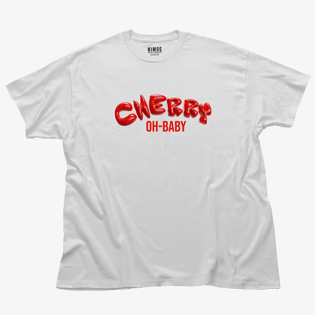 Cherry oh baby unisex classic t-shirt in white color displaying 3d bubble letters photorealistic design.