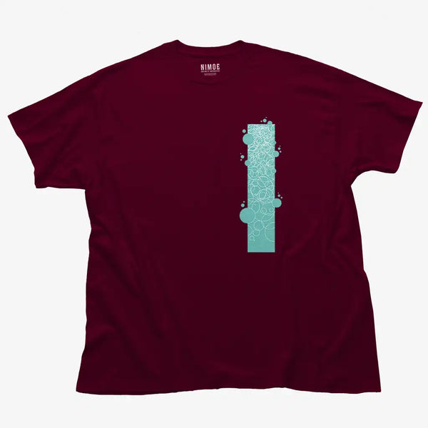 Circle unisex classic t-shirt in maroon color displaying abstract drawing.