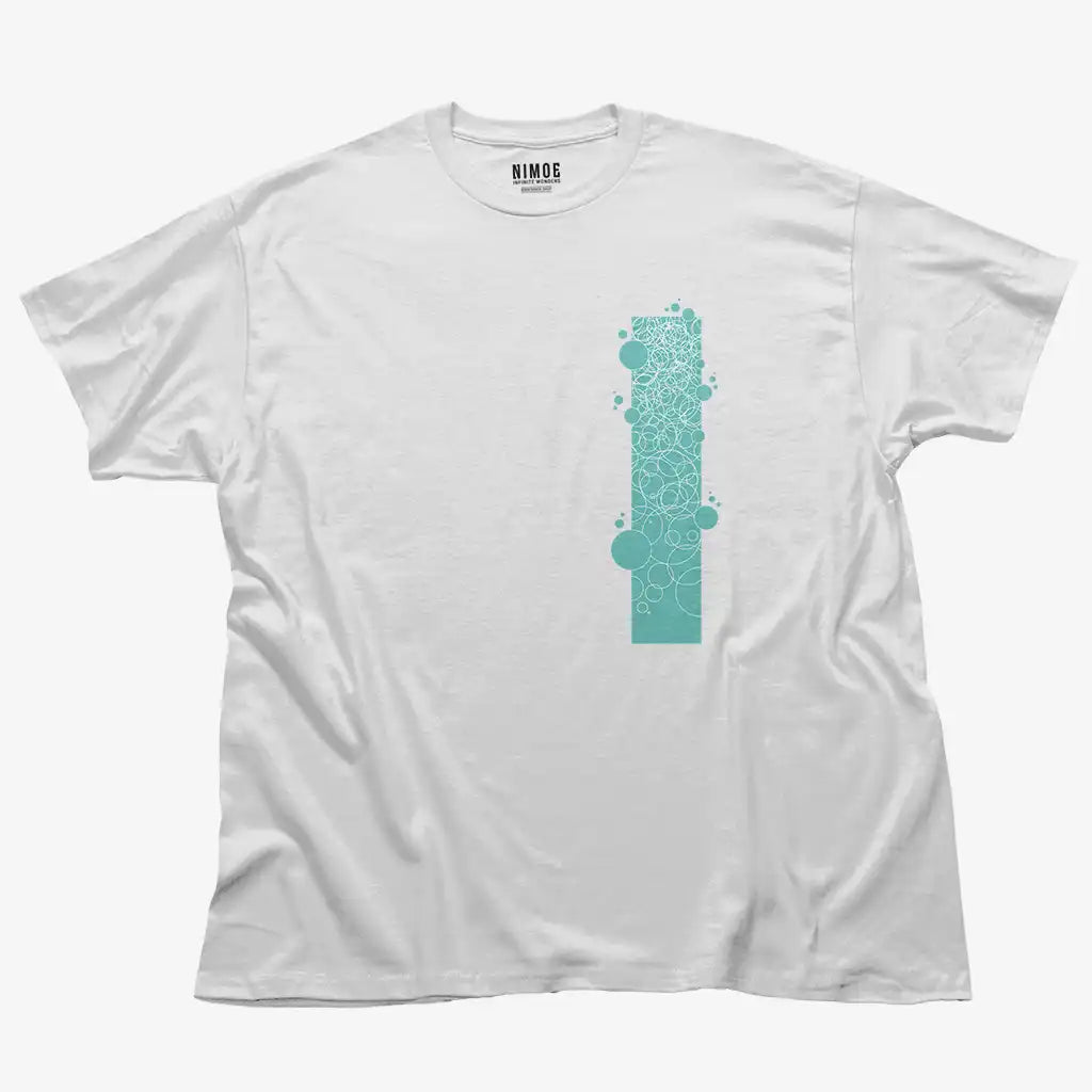 Circle unisex classic t-shirt in white color displaying abstract drawing.