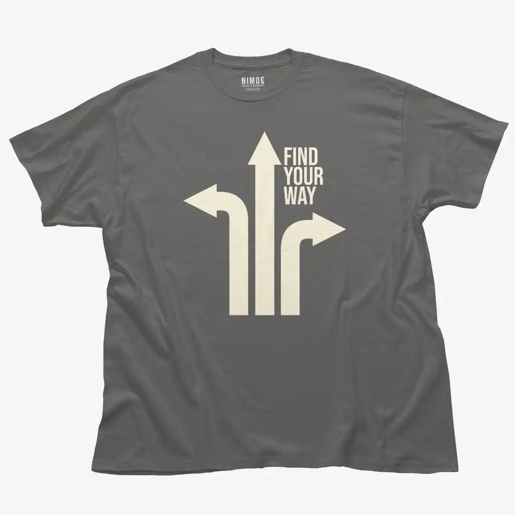 Find your way unisex classic t-shirt in charcoal color displaying monocolor illustration with typographic element.