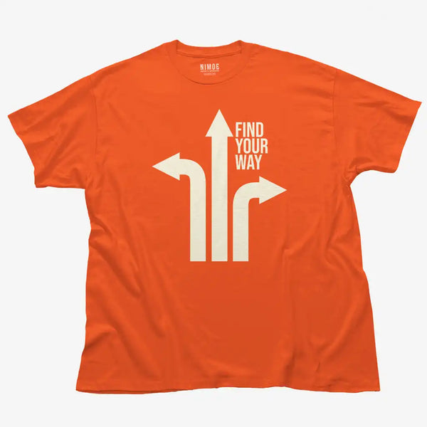 Find your way unisex classic t-shirt in orange color displaying monocolor illustration with typographic element.