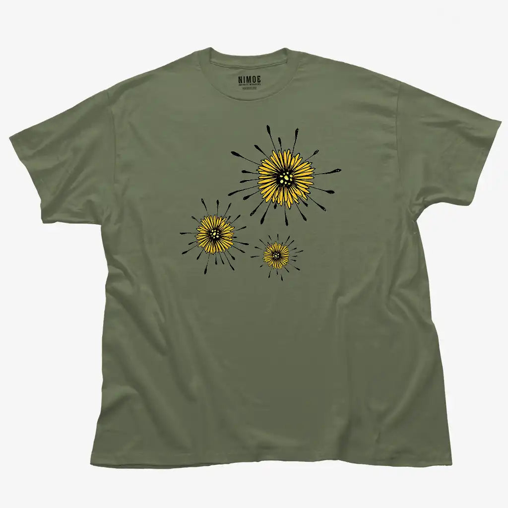 Flowers unisex classic t-shirt in military green color displaying flower handmade design.