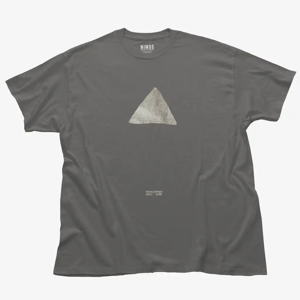 Forms and shape N.01 unisex classic t-shirt in charcoal color displaying handmade textured typography design of triangle shape.