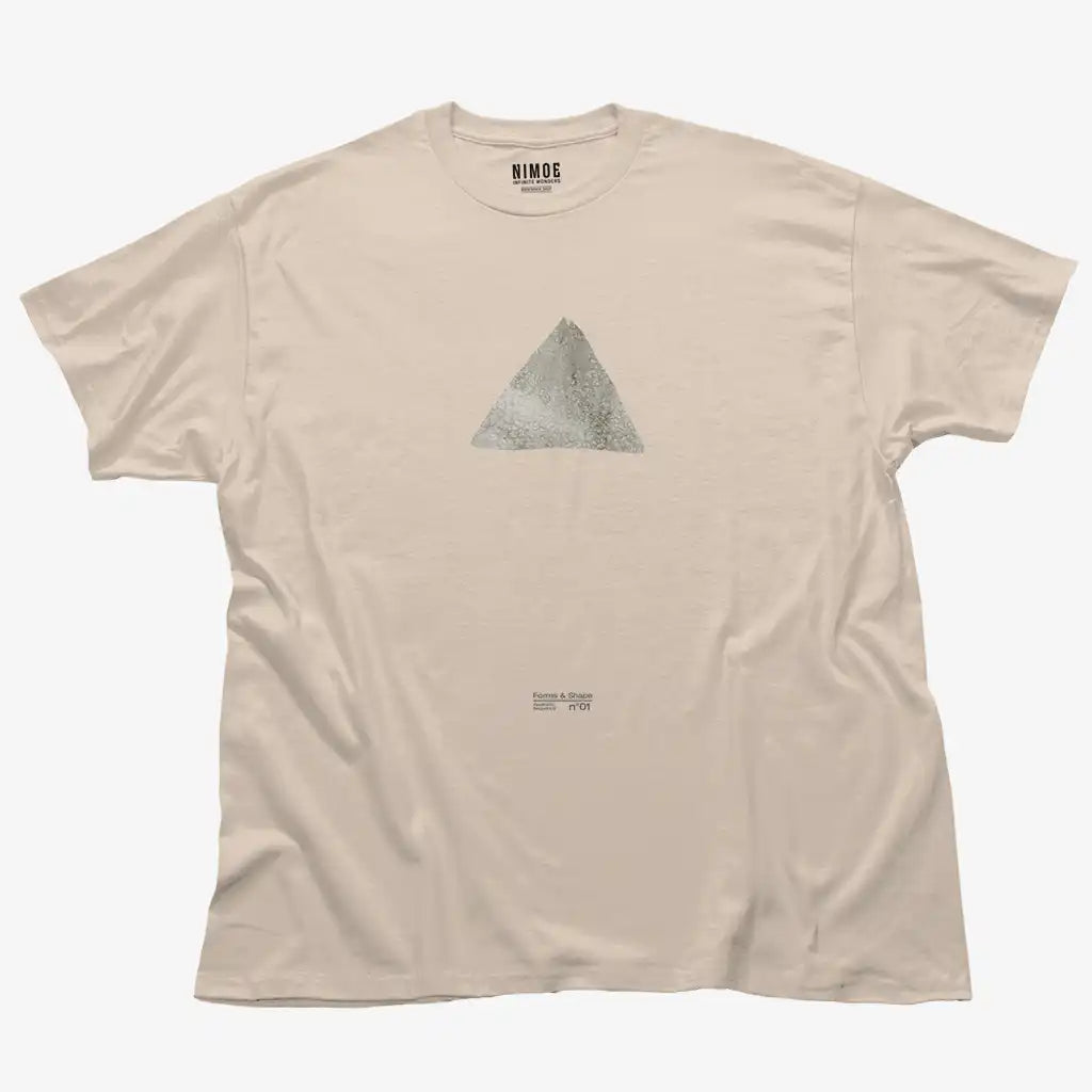 Forms and shape N.01 unisex classic t-shirt in natural color displaying handmade textured typography design of triangle shape.