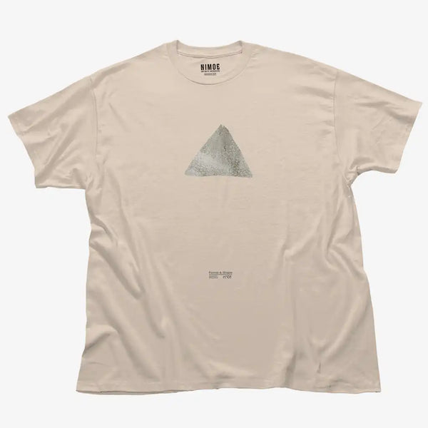 Forms and shape N.01 unisex classic t-shirt in natural color displaying handmade textured typography design of triangle shape.