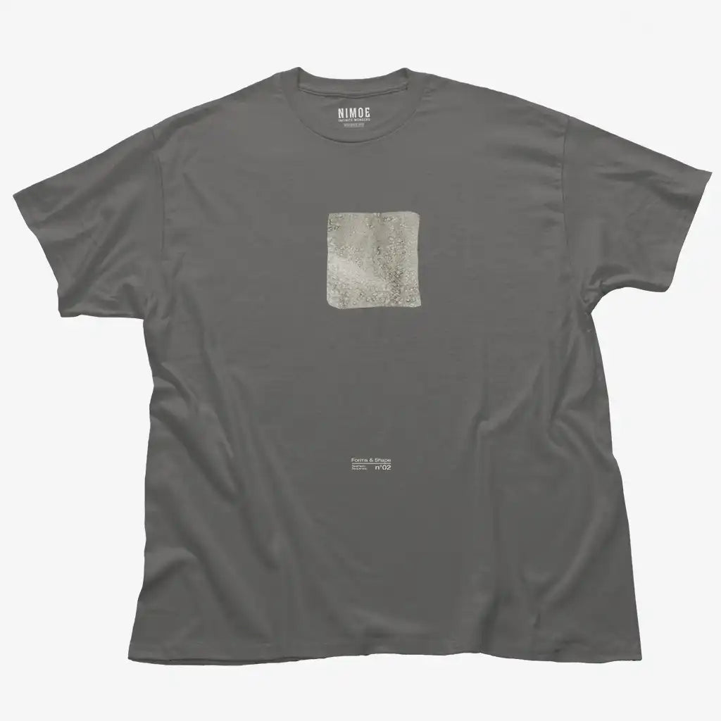 Forms and shape N.02 unisex classic t-shirt in charcoal color displaying handmade textured typography design of square shape.