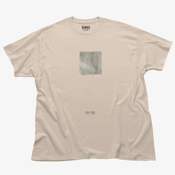 Forms and shape N.02 unisex classic t-shirt in natural color displaying handmade textured typography design of square shape.