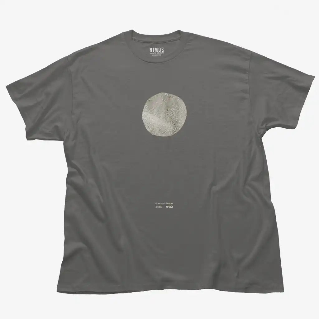 Forms and shape N.03 unisex classic t-shirt in charcoal color displaying handmade textured typography design of circle shape.