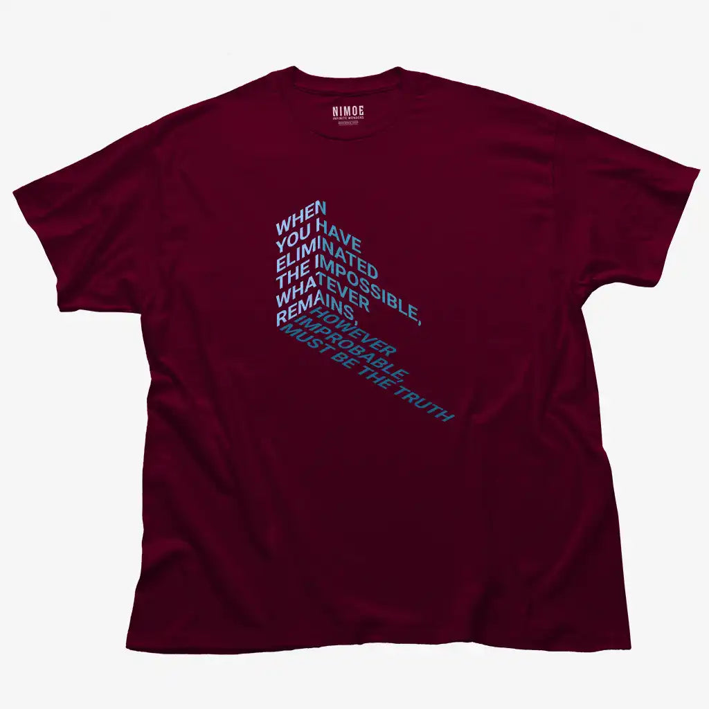 Impossible unisex classic t-shirt in maroon color displaying isometric typography design.