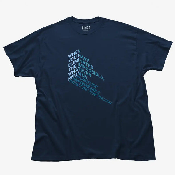 Impossible unisex classic t-shirt in navy color displaying isometric typography design.