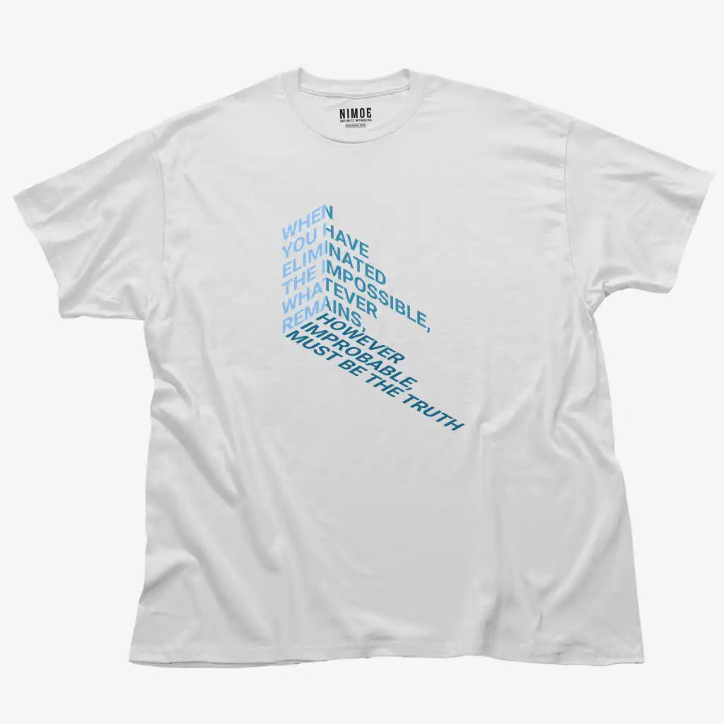 Impossible unisex classic t-shirt in white color displaying isometric typography design.