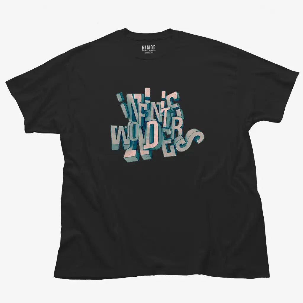 Infinite wonders unisex classic t-shirt in black color displaying typography 3d handcrafted design.