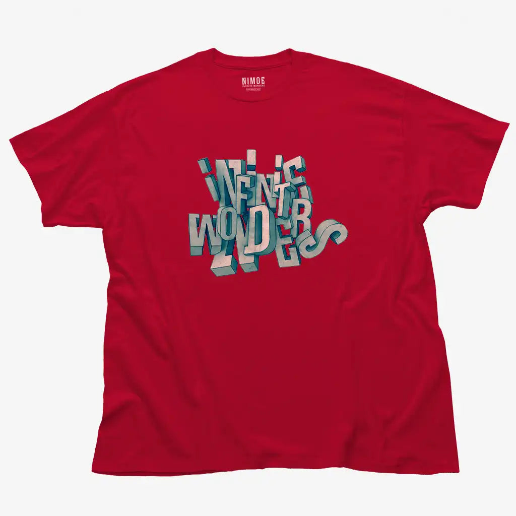 Infinite wonders unisex classic t-shirt in cardinal color displaying typography 3d handcrafted design.