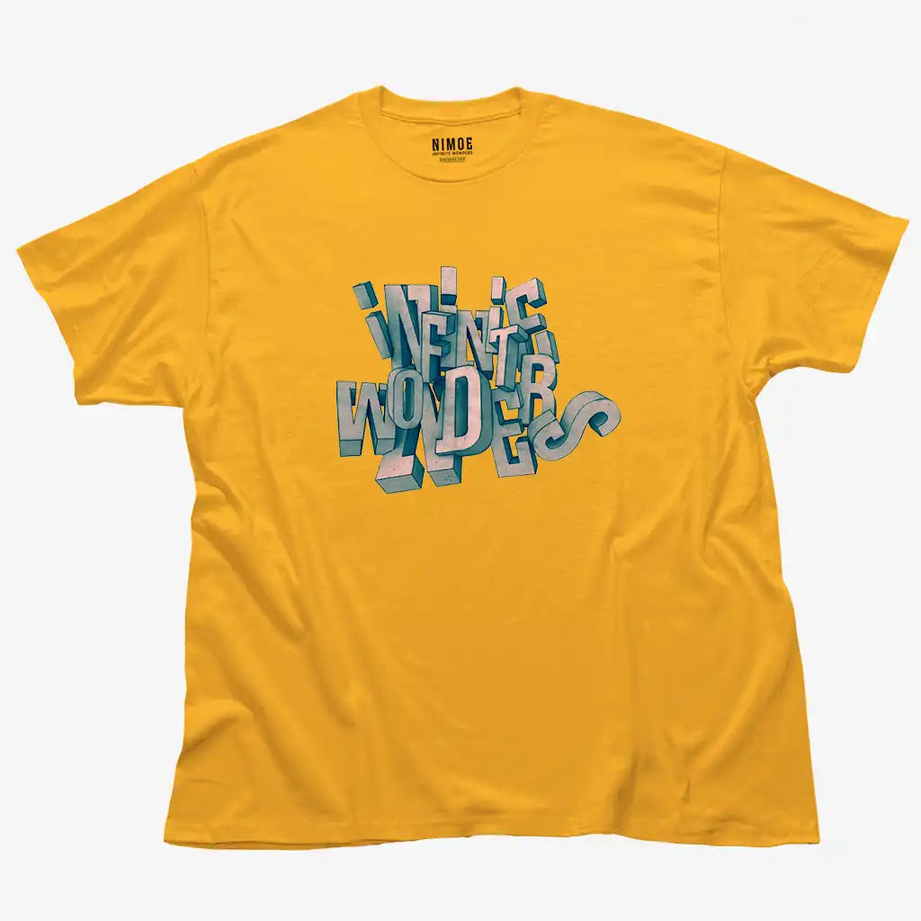 Infinite wonders unisex classic t-shirt in gold color displaying typography 3d handcrafted design.