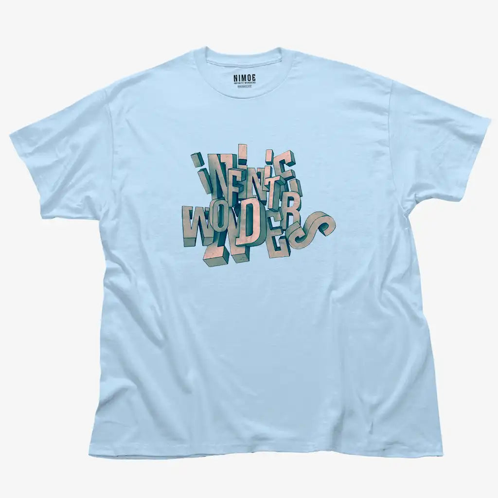 Infinite wonders unisex classic t-shirt in light blue color displaying typography 3d handcrafted design.