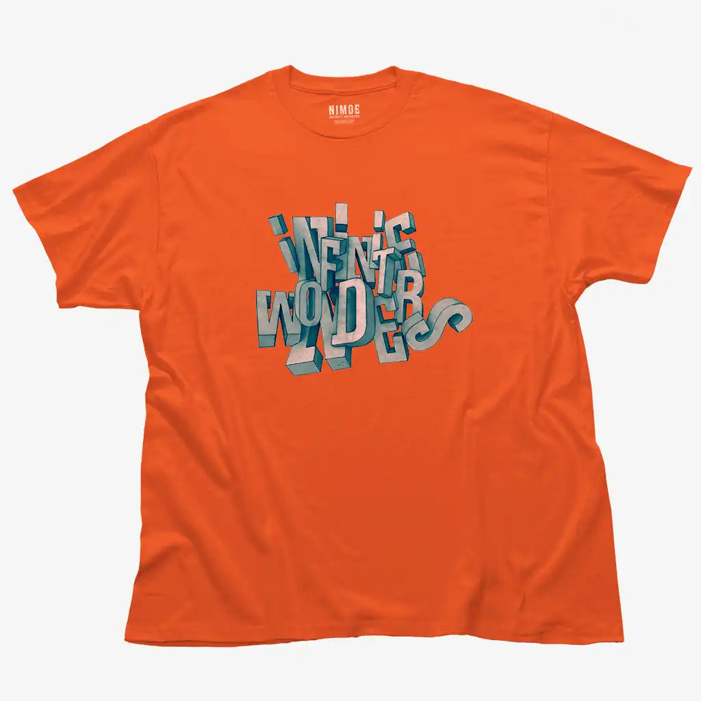 Infinite wonders unisex classic t-shirt in orange color displaying typography 3d handcrafted design.