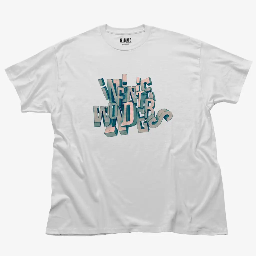 Infinite wonders unisex classic t-shirt in white color displaying typography 3d handcrafted design.