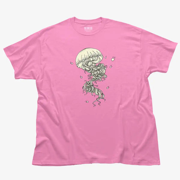 Jellyfish unisex classic t-shirt in azalea color displaying illustration handcrafted design.