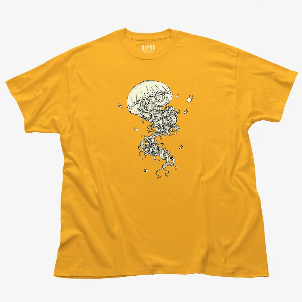 Jellyfish unisex classic t-shirt in gold color displaying illustration handcrafted design.