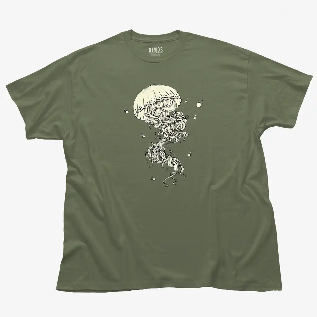 Jellyfish unisex classic t-shirt in military green color displaying illustration handcrafted design.