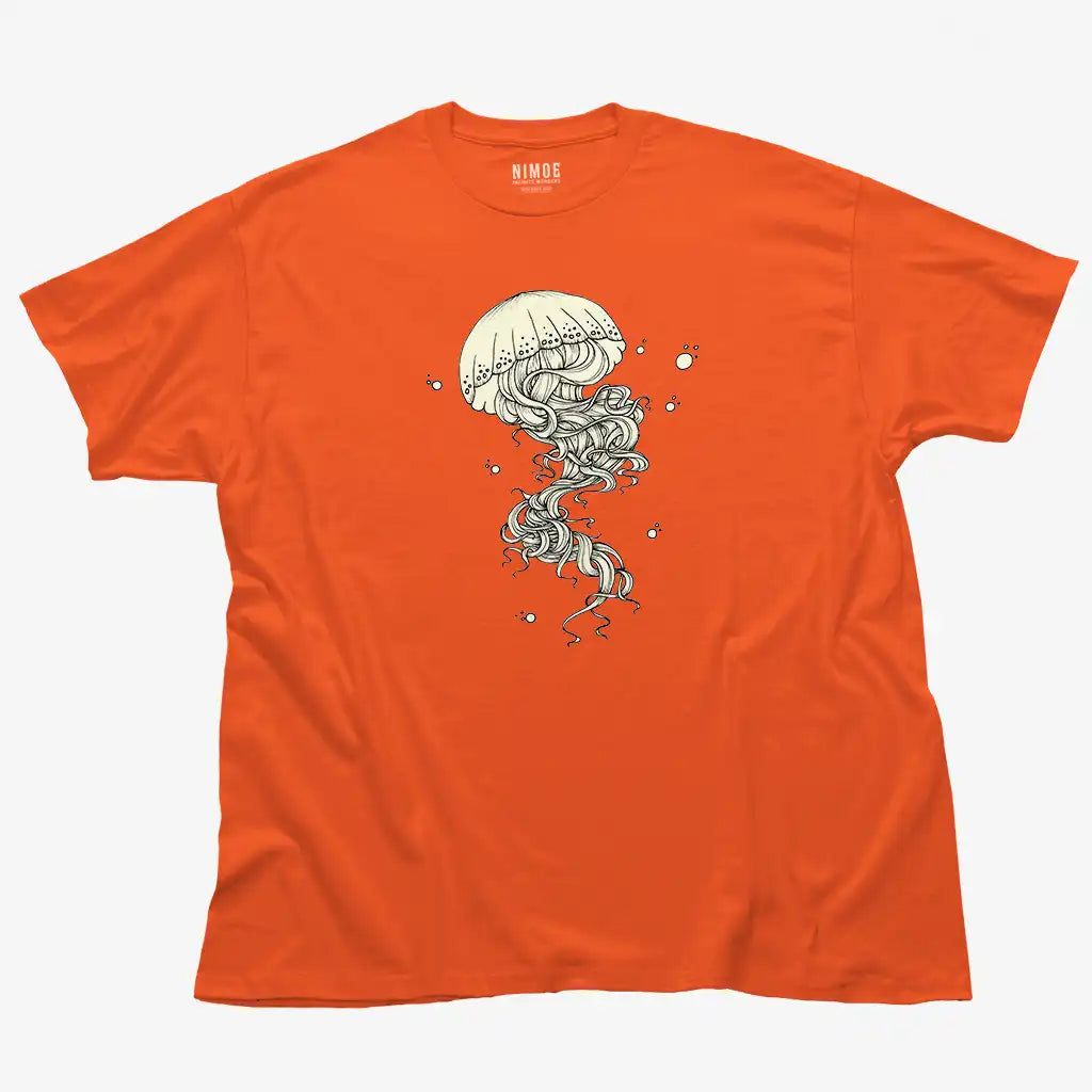 Jellyfish unisex classic t-shirt in orange color displaying illustration handcrafted design.