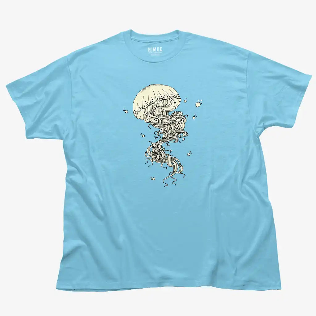 Jellyfish unisex classic t-shirt in sky color displaying illustration handcrafted design.