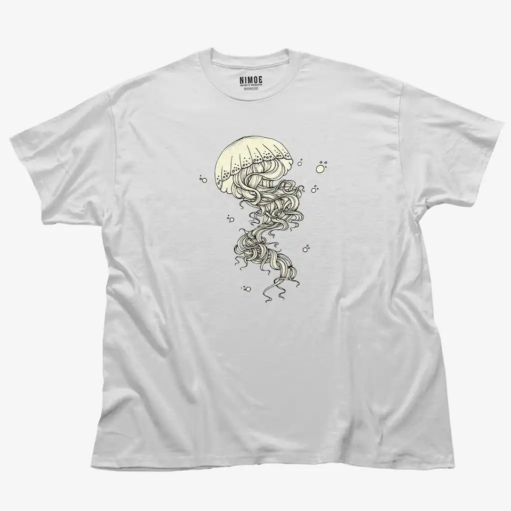 Jellyfish unisex classic t-shirt in white color displaying illustration handcrafted design.