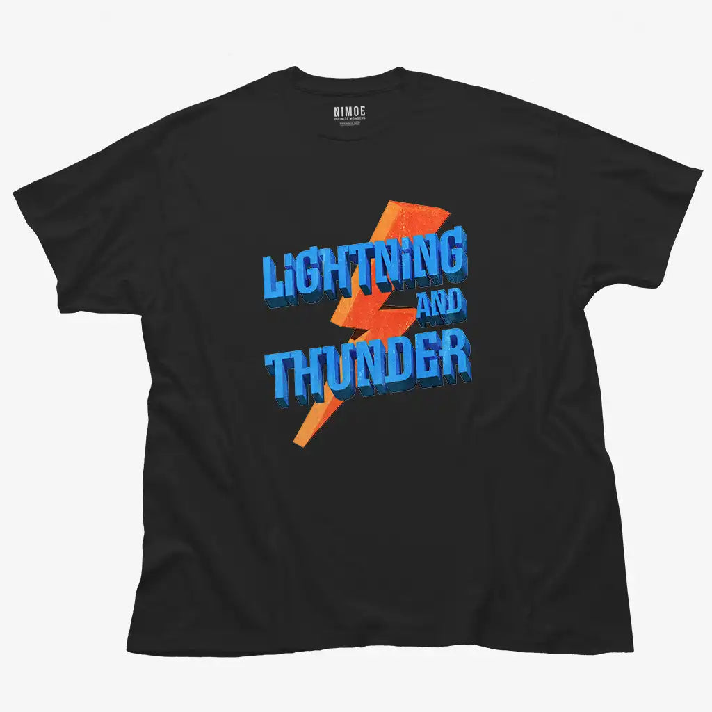 Lightning and thunder unisex classic t-shirt in black color displaying textured typography 3d photorealistic design.