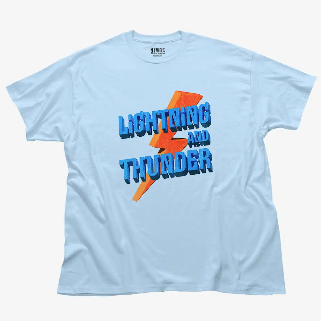 Lightning and thunder unisex classic t-shirt in light blue color displaying textured typography 3d photorealistic design.