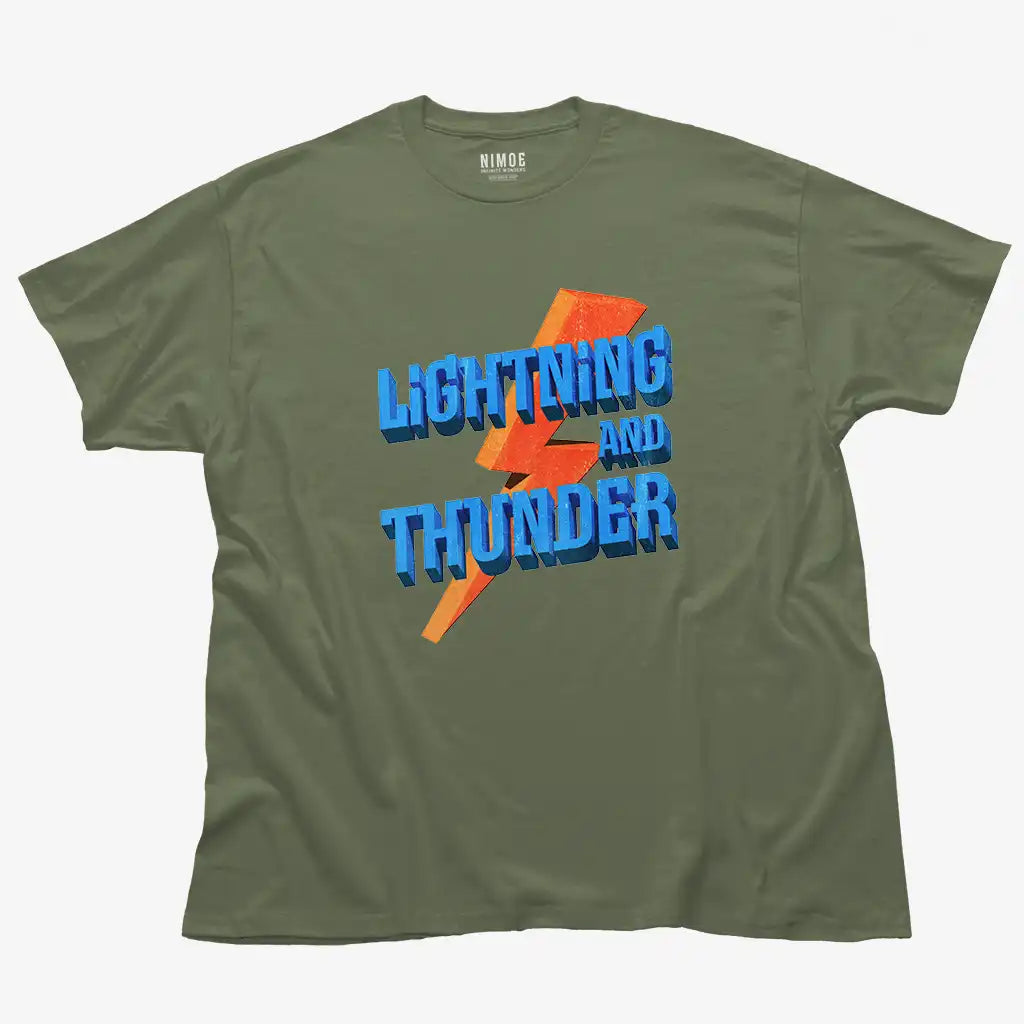 Lightning and thunder unisex classic t-shirt in military green color displaying textured typography 3d photorealistic design.