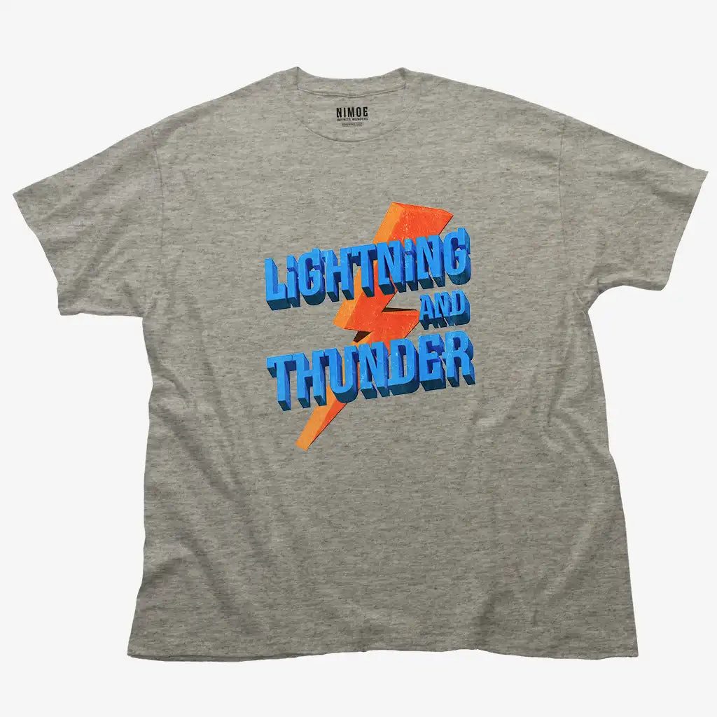 Lightning and thunder unisex classic t-shirt in sport gray color displaying textured typography 3d photorealistic design.