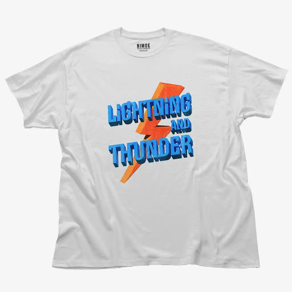 Lightning and thunder unisex classic t-shirt in white color displaying textured typography 3d photorealistic design.