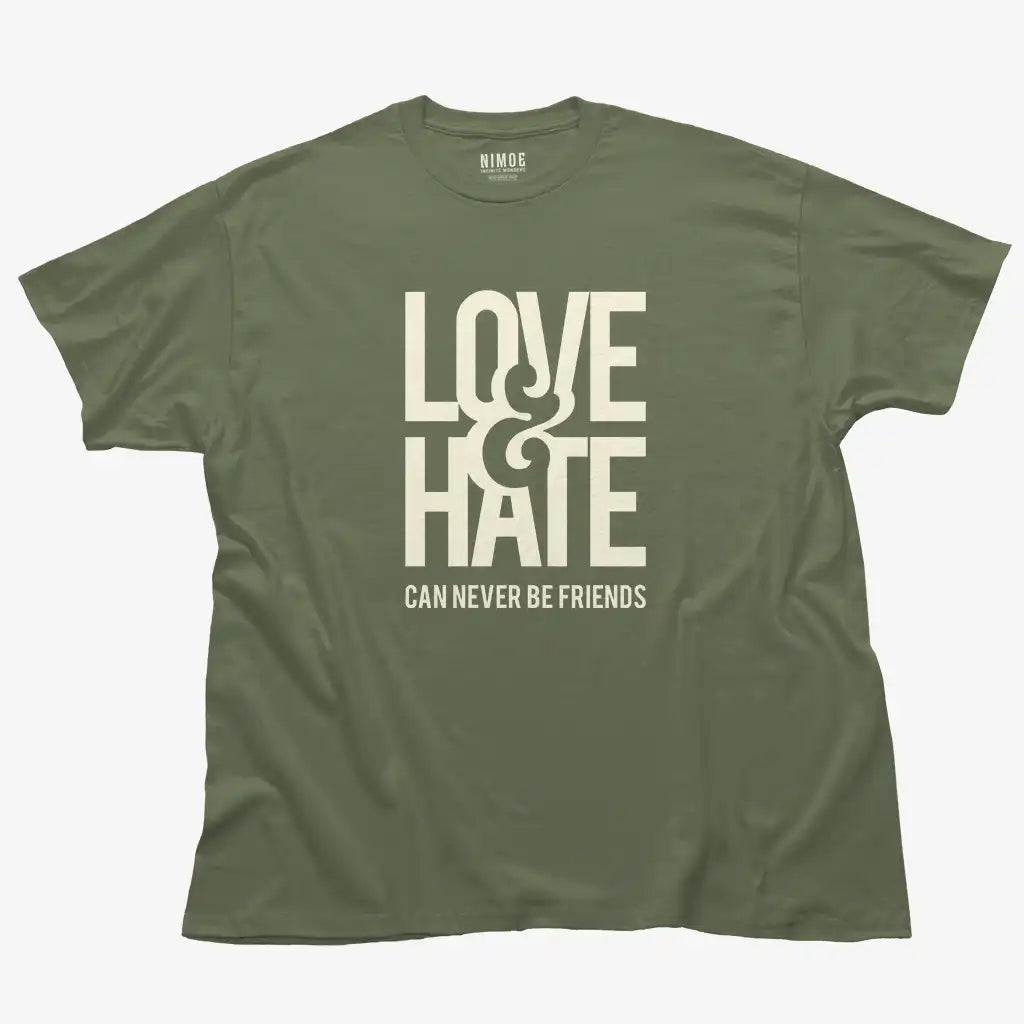 Love & hate unisex classic t-shirt in military green color displaying monocolor typography design.