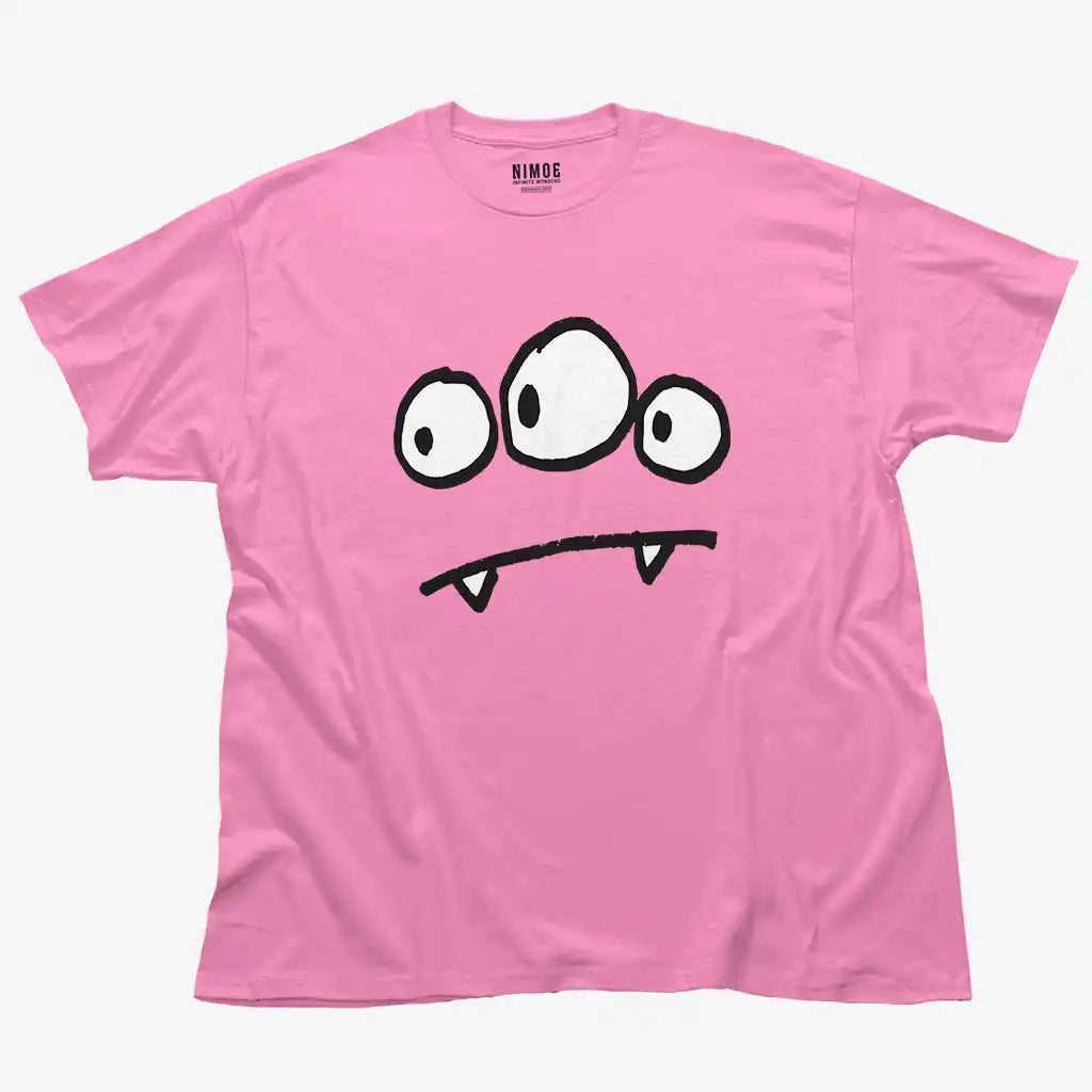 Three eyes monster unisex classic t-shirt in azalea color displaying illustration design smiling three eye monster.