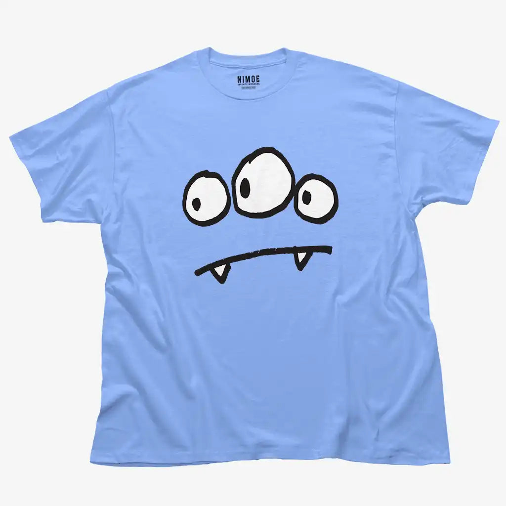 Three eyes monster unisex classic t-shirt in carolina blue color displaying illustration design smiling three eye monster.