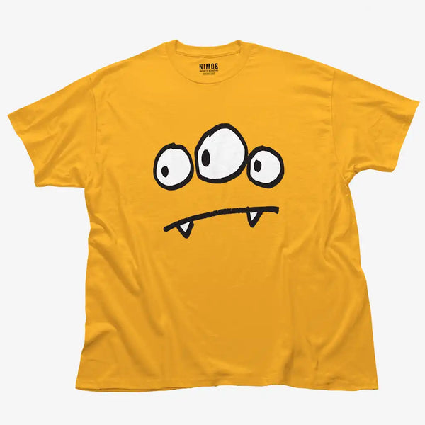 Three eyes monster unisex classic t-shirt in gold color displaying illustration design smiling three eye monster.