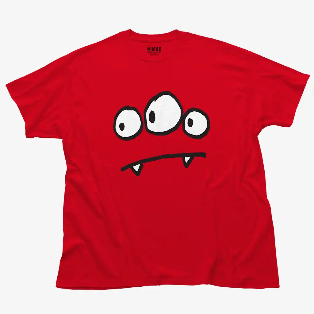 Three eyes monster unisex classic t-shirt in red color displaying illustration design smiling three eye monster.