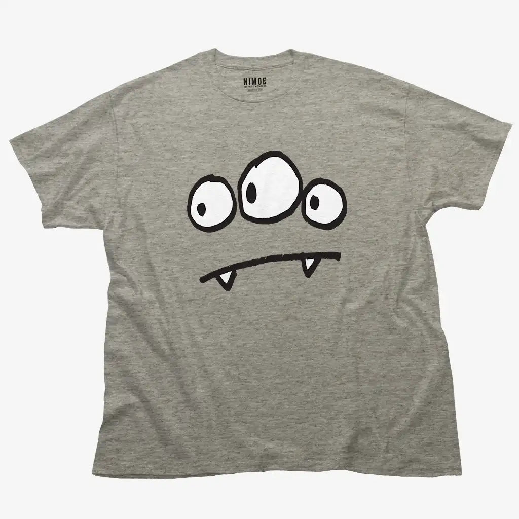 Three eyes monster unisex classic t-shirt in sport gray color displaying illustration design smiling three eye monster.
