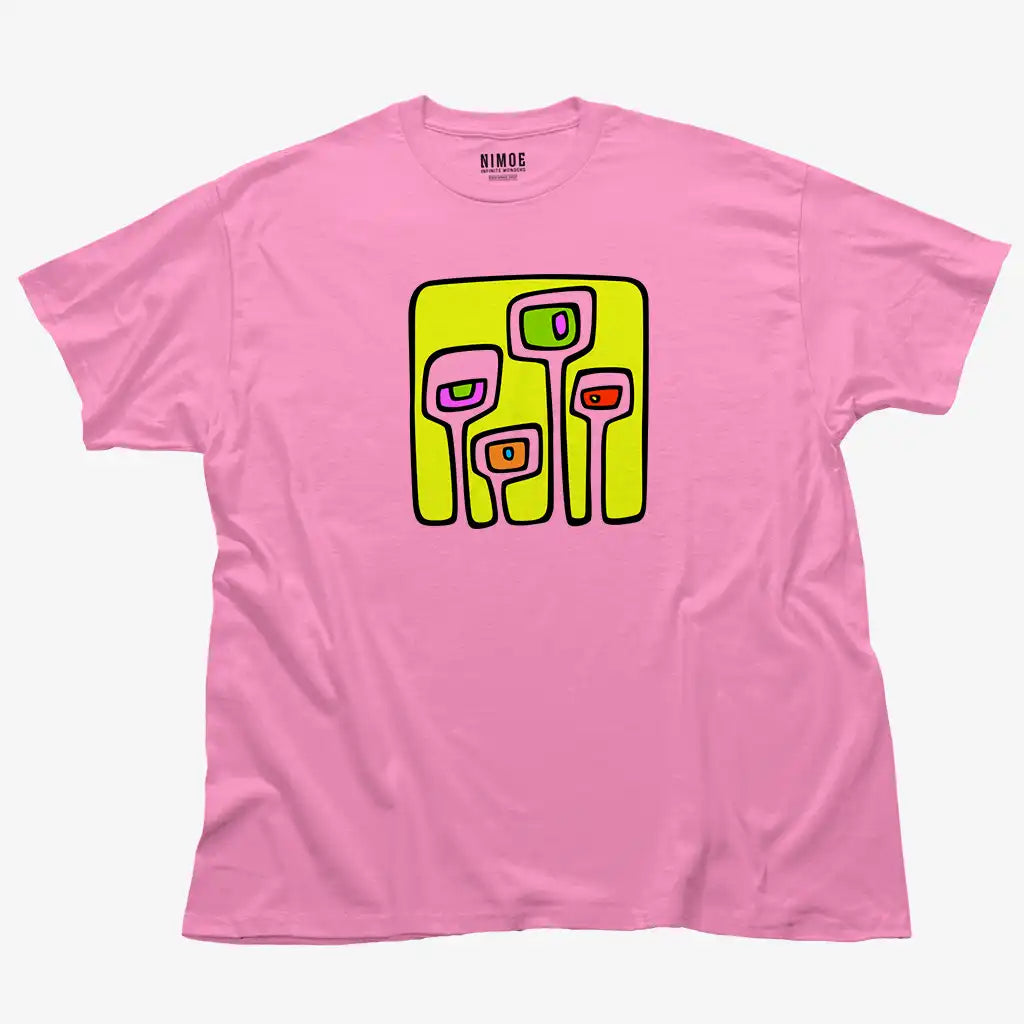 Stylized monster unisex classic t-shirt in azalea color displaying handmade design.