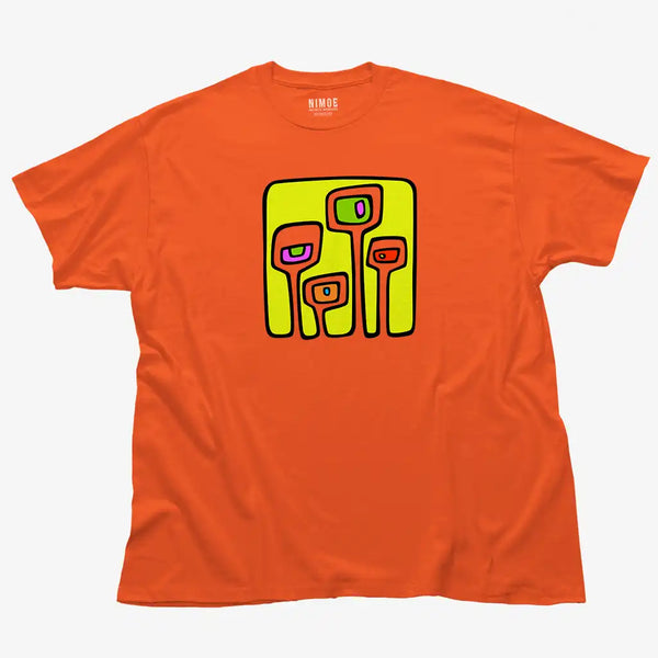 Stylized monster unisex classic t-shirt in orange color displaying handmade design.