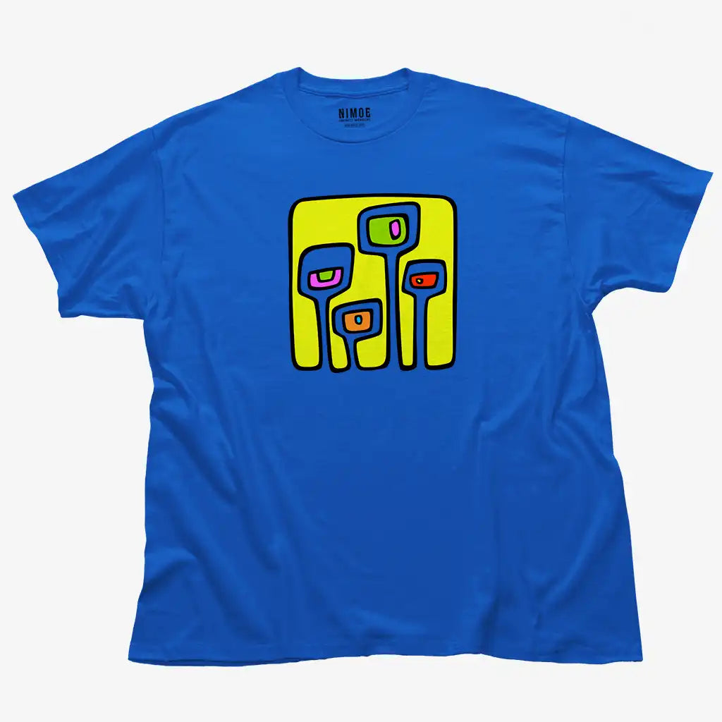 Stylized monster unisex classic t-shirt in royal color displaying handmade design.