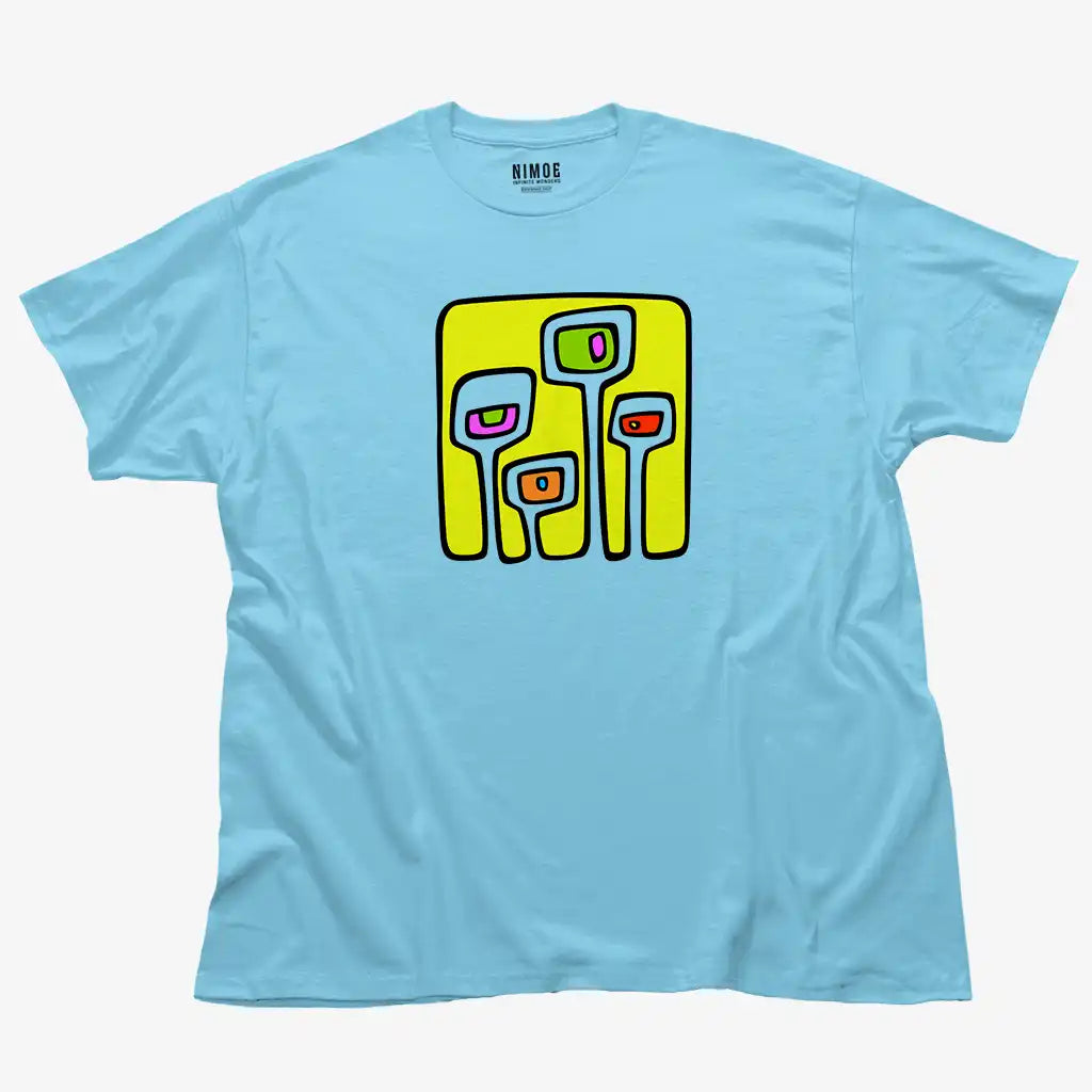 Stylized monster unisex classic t-shirt in sky color displaying handmade design.