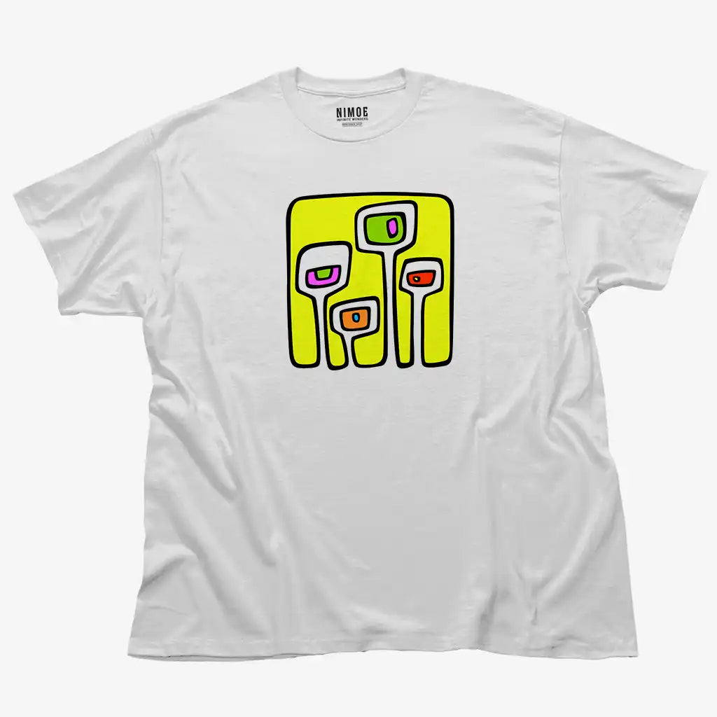 Stylized monster unisex classic t-shirt in white color displaying handmade design.