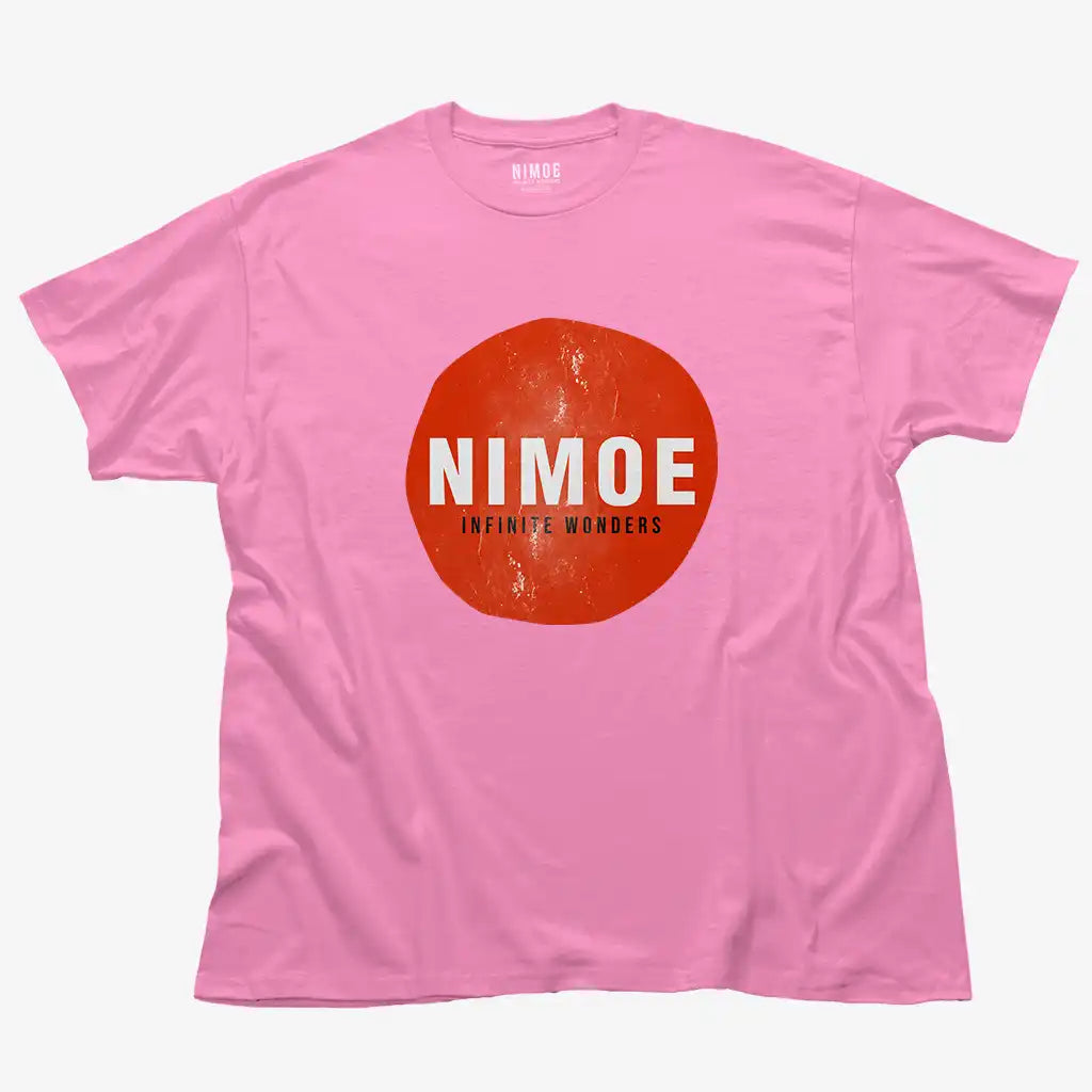 Nimoe N.02 unisex classic t-shirt in azalea color displaying Nimoe logo design on red sun textured shape.