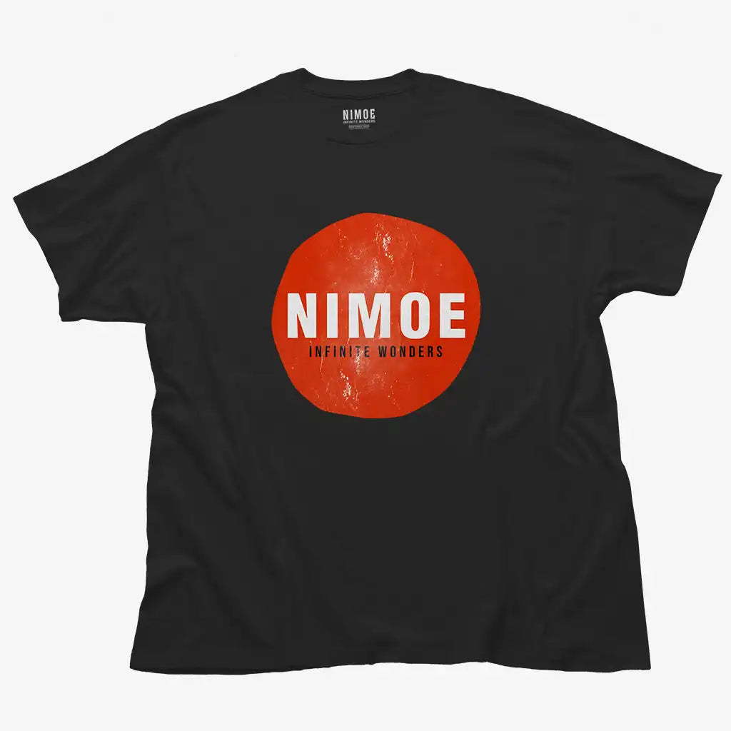 Nimoe N.02 unisex classic t-shirt in black color displaying Nimoe logo design on red sun textured shape.