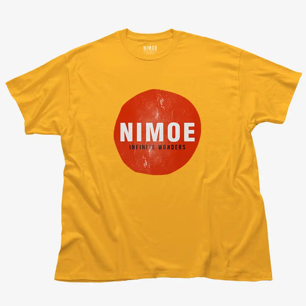 Nimoe N.02 unisex classic t-shirt in gold color displaying Nimoe logo design on red sun textured shape.