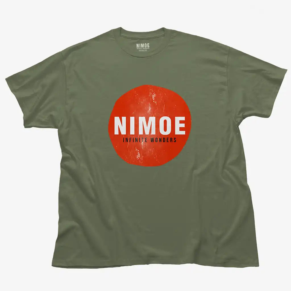 Nimoe N.02 unisex classic t-shirt in military green color displaying Nimoe logo design on red sun textured shape.