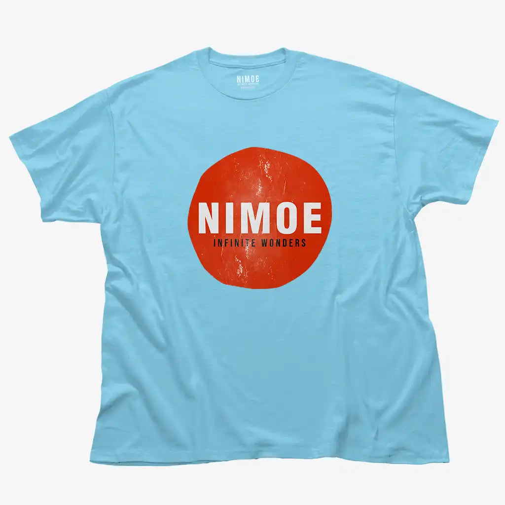 Nimoe N.02 unisex classic t-shirt in sky color displaying Nimoe logo design on red sun textured shape.