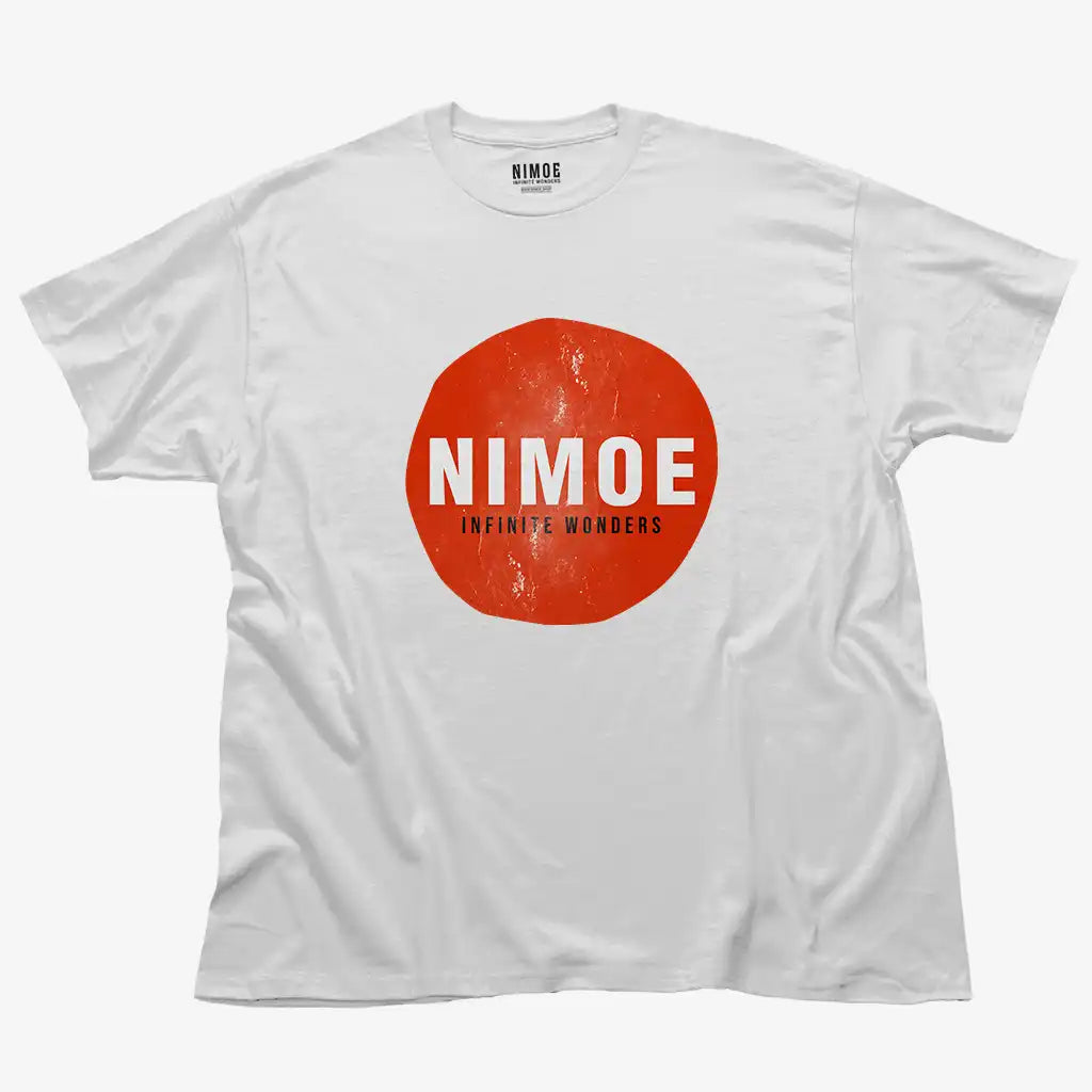 Nimoe N.02 unisex classic t-shirt in white color displaying Nimoe logo design on red sun textured shape.